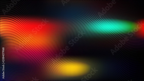 Abstract fingerprint texture with colorful light beams and digital lines on dark background