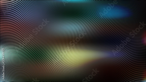 Abstract digital glitch art with colorful pixelated shapes and wavy moire pattern lines on a dark background