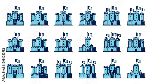 Φωτογραφία Collection of blue medieval castles with flags on white background