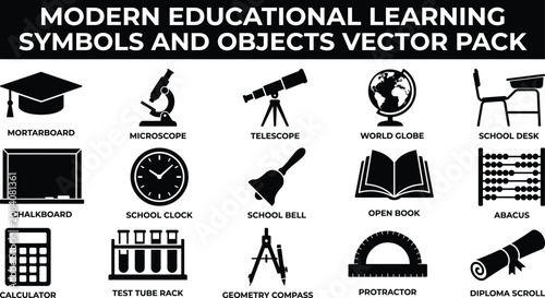 Modern educational learning symbols and objects vector pack with school icons such as graduation cap microscope telescope and globe on white