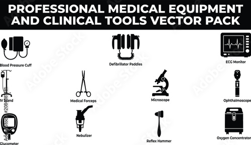Medical equipment and clinical tools vector pack including blood pressure cuff and defibrillator paddles on white background