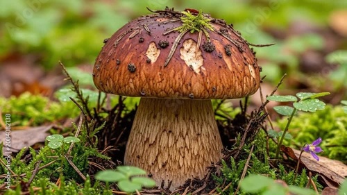 Close-up of a wild forest mushroom growing among moss and fallen leaves, highlighting woodland biodiversity, natural textures, and the beauty of autumn fungi
