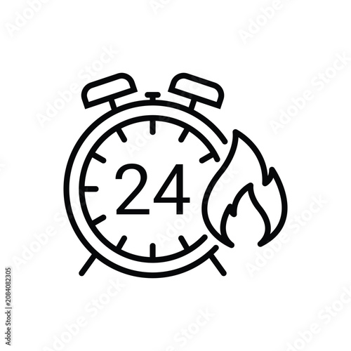 24 Hour Timer With Fire Solid Icon. Time Management, Urgency, And Deadline Pressure Silhouette Symbol. Productivity And Efficiency. Editable Stroke. Isolated vector illustration.