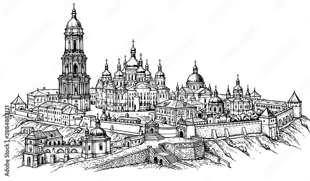 Fototapeta premium Vintage Hand Drawn Kyiv Pechersk Lavra Vector with Monastery and Bell Tower