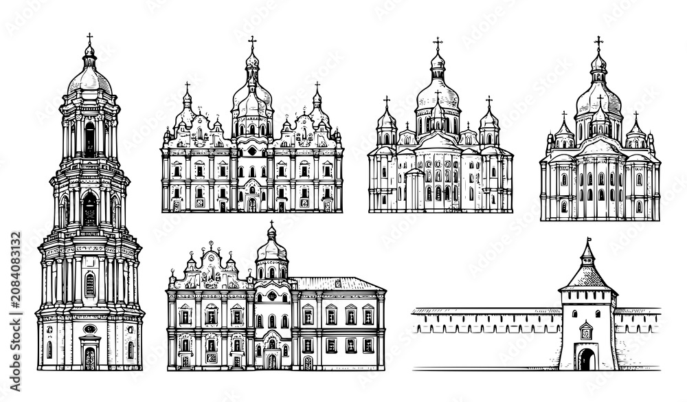 Obraz premium Kyiv Pechersk Lavra Monastery Architectural Sketch Vector Illustration