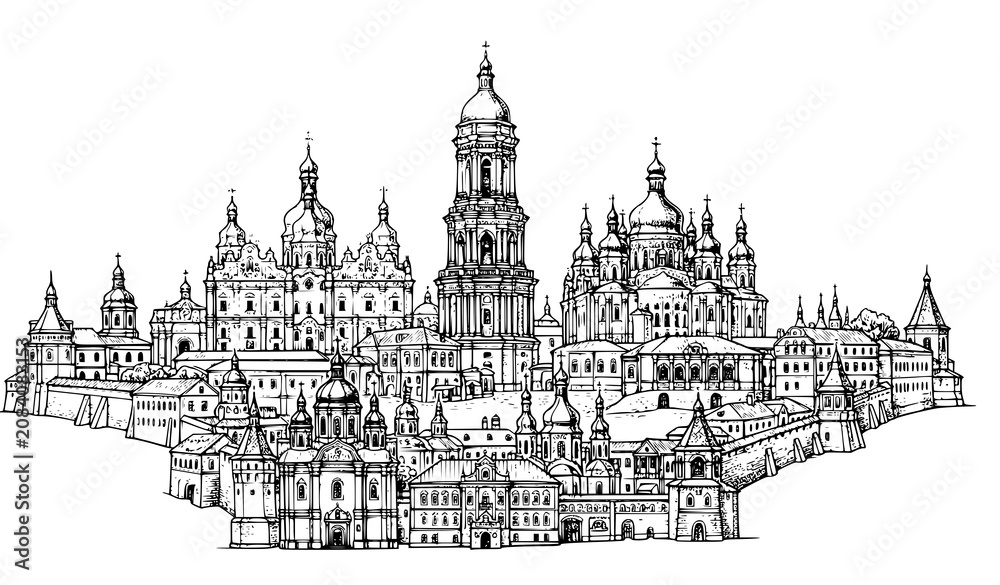 Fototapeta premium Kyiv Pechersk Lavra Hand Drawn Vector with Great Lavra Bell Tower Illustration