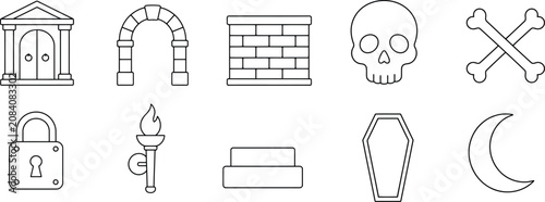 Billede på lærred Spooky gothic mystery line art icons with eerie objects for halloween themed cre