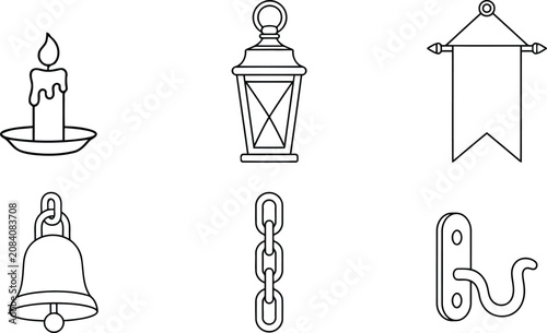 Simple black and white line art icons with vintage hardware tools and everyday classic objects