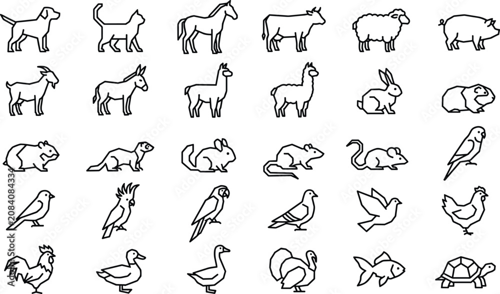 Obraz premium Farm and Pet Animal Icon Set with Dog, Cat, Horse, Cow, Sheep, Pig, Goat, Rabbit, Parrot, Chicken, and Turtle in Line Art