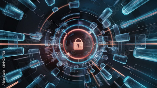 Digital Lock Security Concept in Cyber Tunnel with Blue Neon Light and Data Streams