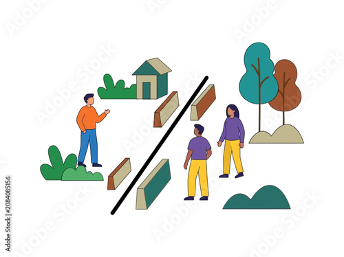 People standing on opposite sides of a dividing border line