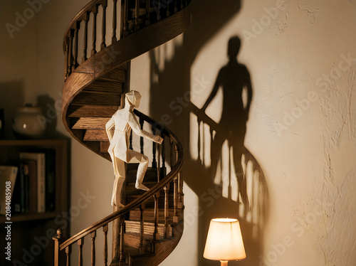 Man standing on spiral staircase with shadow