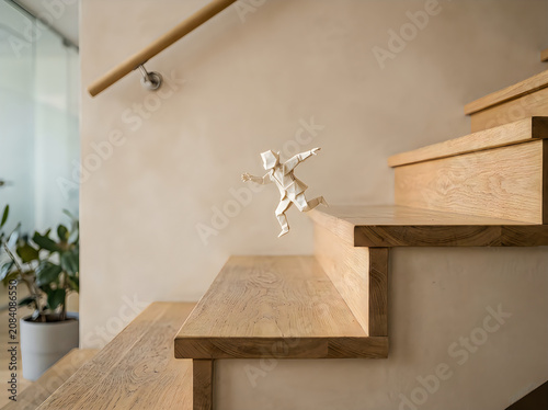 Paper figure jumping off staircase