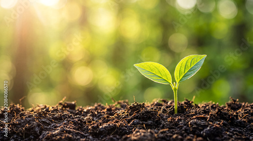 Canvas Print New plant sprout growing in rich soil with sunlight