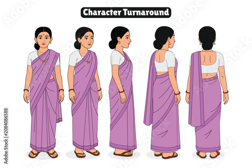 indian woman character, character turnaround, turnaround sheet, character model sheet, model sheet, front view, side view, back view, three quarter view, character reference, character design, female 