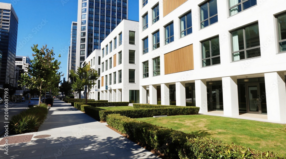 Fototapeta premium Modern residential complex features white buildings with clean lines. Green lawn area borders sidewalk near apartment structures. Tall skyscrapers rise in background under clear blue sky. Urban