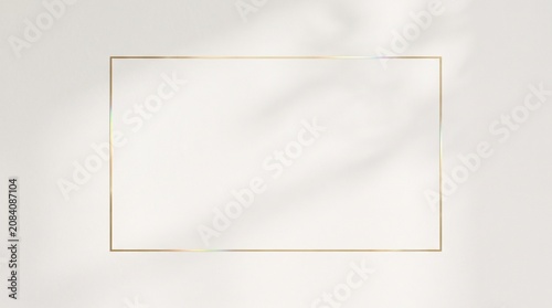 Minimalist Elegant Gold Rectangular Frame Mockup on White Textured Wall with Soft Natural Sunlight Plant Leaf Shadow Overlay Background Template