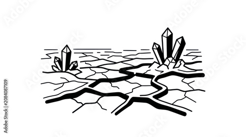 Bild auf Leinwand Cracked Earth with Crystal Formations Outline Vector
