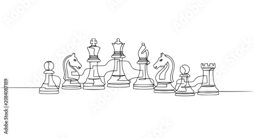 Foto Continuous Line Drawing of Chess Pieces Set: Strategy, Game, Competition, Intell