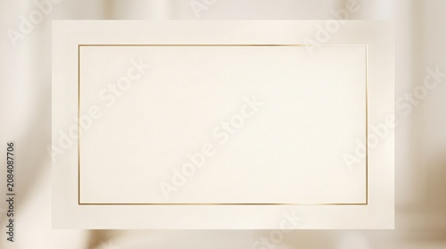 Elegant blank cream paper card with luxury thin gold frame border on a soft blurred beige background, ideal for wedding invitations and greeting card mockups.