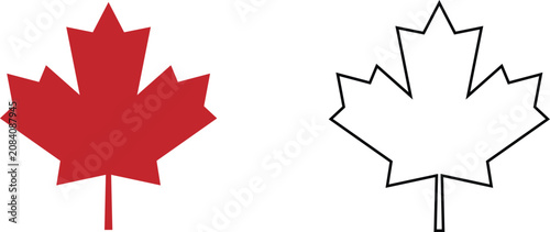 Maple Leaf icon set vector illustration in Red Filled and Black Outline styles