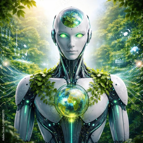  AI Robot Holding Earth Globe Green Nature Environment Sustainability Concept