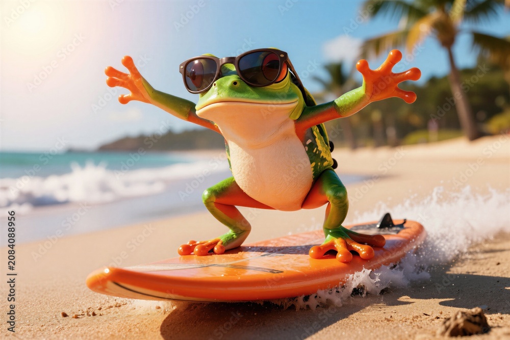 Fototapeta premium Funny frog with sunglasses rides surfboard on beach. Amphibian enjoys ocean waves and sunny day vacation. Surfer has fun on tropical island shore.