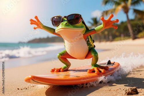Funny frog with sunglasses rides surfboard on beach. Amphibian enjoys ocean waves and sunny day vacation. Surfer has fun on tropical island shore.