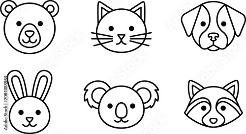 Photography Simple Animal Face Icon Set with Bear, Cat, Dog, Rabbit, Koala, and Raccoon in M