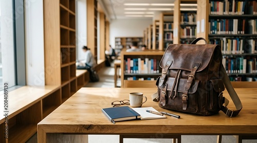 Brown leather backpack on wooden table.