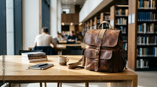 Brown leather backpack on wooden table.