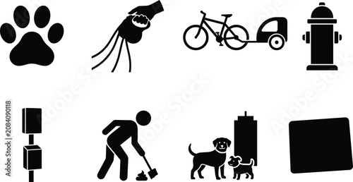 Fotografía Dog walking and pet care silhouette icon set featuring paw print retractable lea
