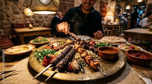 Man preparing skewers on large platter.