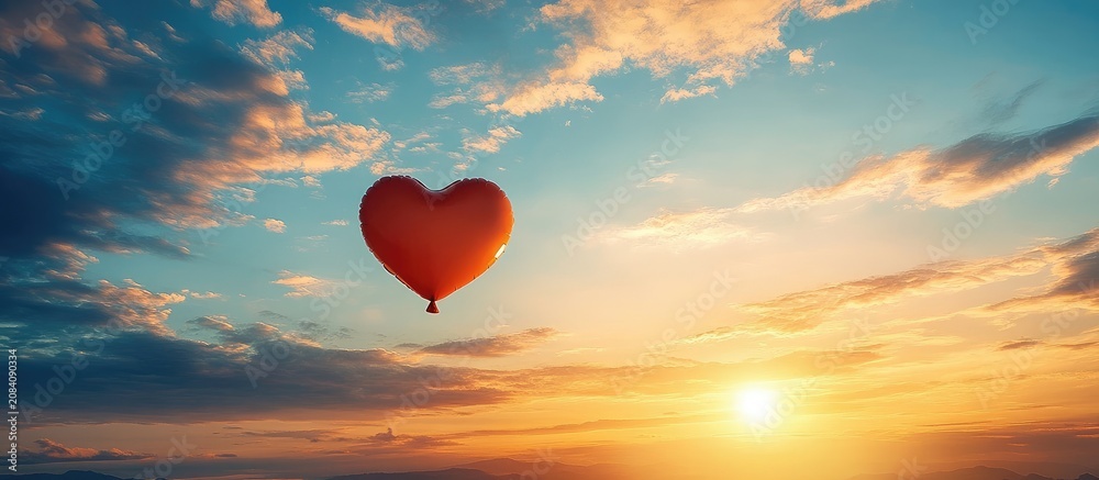 Fototapeta premium A heart-shaped balloon flies high in the sky at sunset.