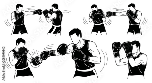 Fotografie Boxing Athlete Action Poses Vector Set