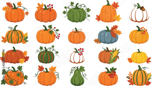 Fotografía Collection of colorful cartoon pumpkins and gourds for fall decoration