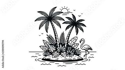 Photography Tropical island vector illustration, black and white palm tree landscape with fl