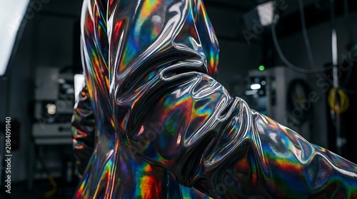 Person wearing shiny reflective jacket.