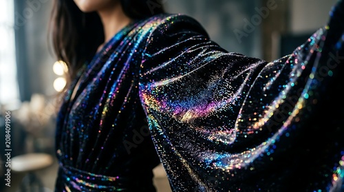 Woman wearing shiny black evening gown.