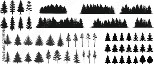 Forest Tree Silhouette Collection with Pine Fir Spruce Woodland Vector Icon Set