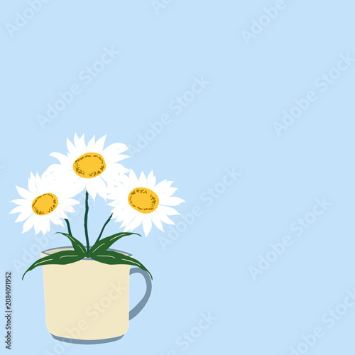 A charming hand-drawn illustration of three white daisy flowers with yellow centers arranged inside a cream-colored coffee mug. Set against a soft light blue background