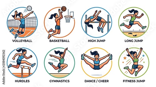 Athletic exercises and sports activities illustration set.