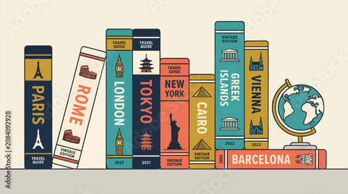Foto Flat Vector Illustration of Vintage Travel Guide Books Featuring Iconic Landmark