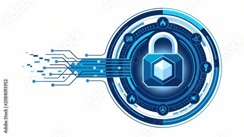 Professional cyber security lock illustration featuring secure digital protection and encrypted network concepts. Modern editable vector isolated on white background