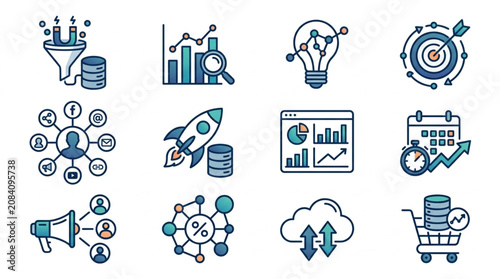 Collection of Business and Technology Icons Representing Growth and Data.