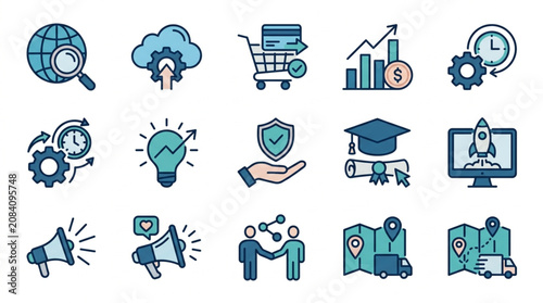 Collection of business and technology icons representing various concepts.