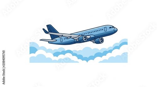 Blue airplane taking off in the sky with clouds.