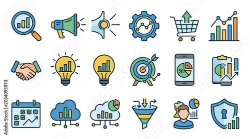 Collection of Business and Finance Icons with Graphs and Charts.