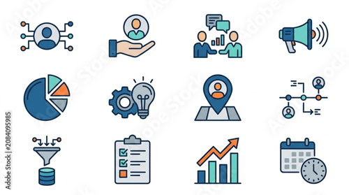 Collection of Business and Marketing Icons Representing Data Analysis and Strategy.