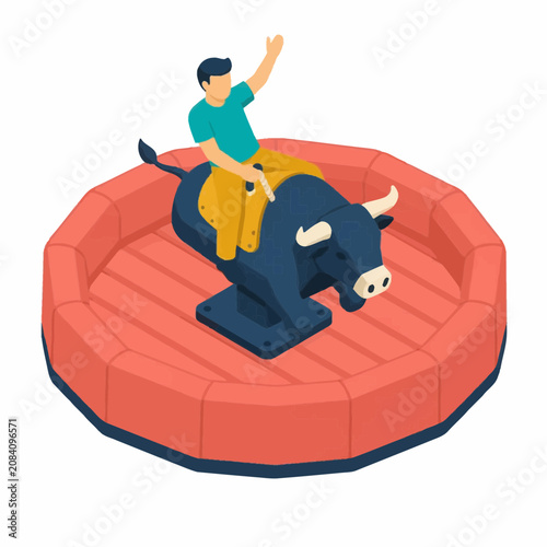 Isometric vector illustration of a man riding a black mechanical bull within a red inflatable safety ring arena. Man in teal shirt and yellow trousers waving while balancing.